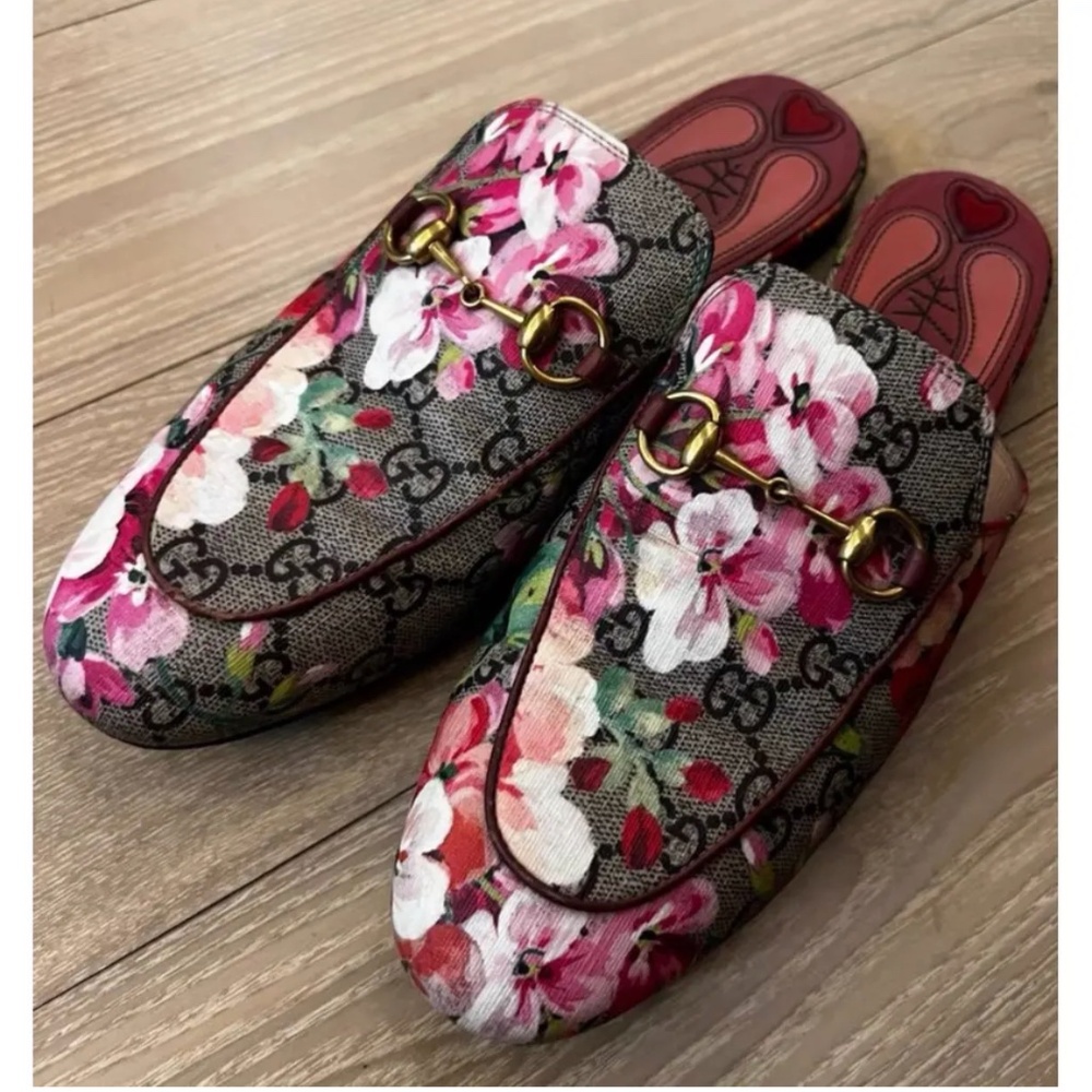 Gucci Princetown Pink Bloom Floral Print GG Monogram Canvas Loafers Mules Flats - Picture 5 of 5